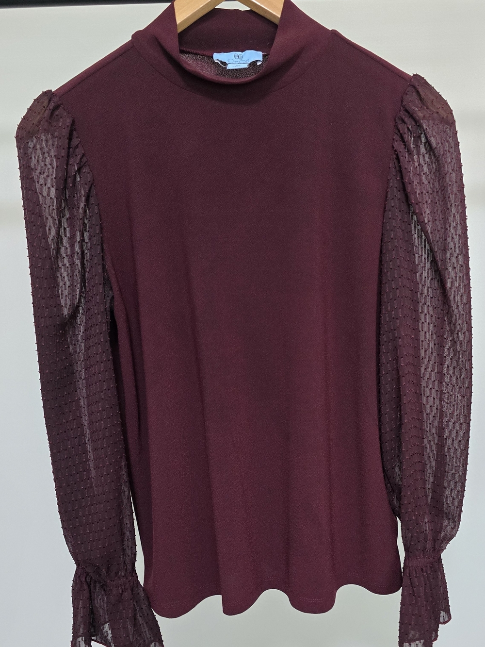 CeCe Burgundy Sheer Dot-Sleeve Mock Neck Dress